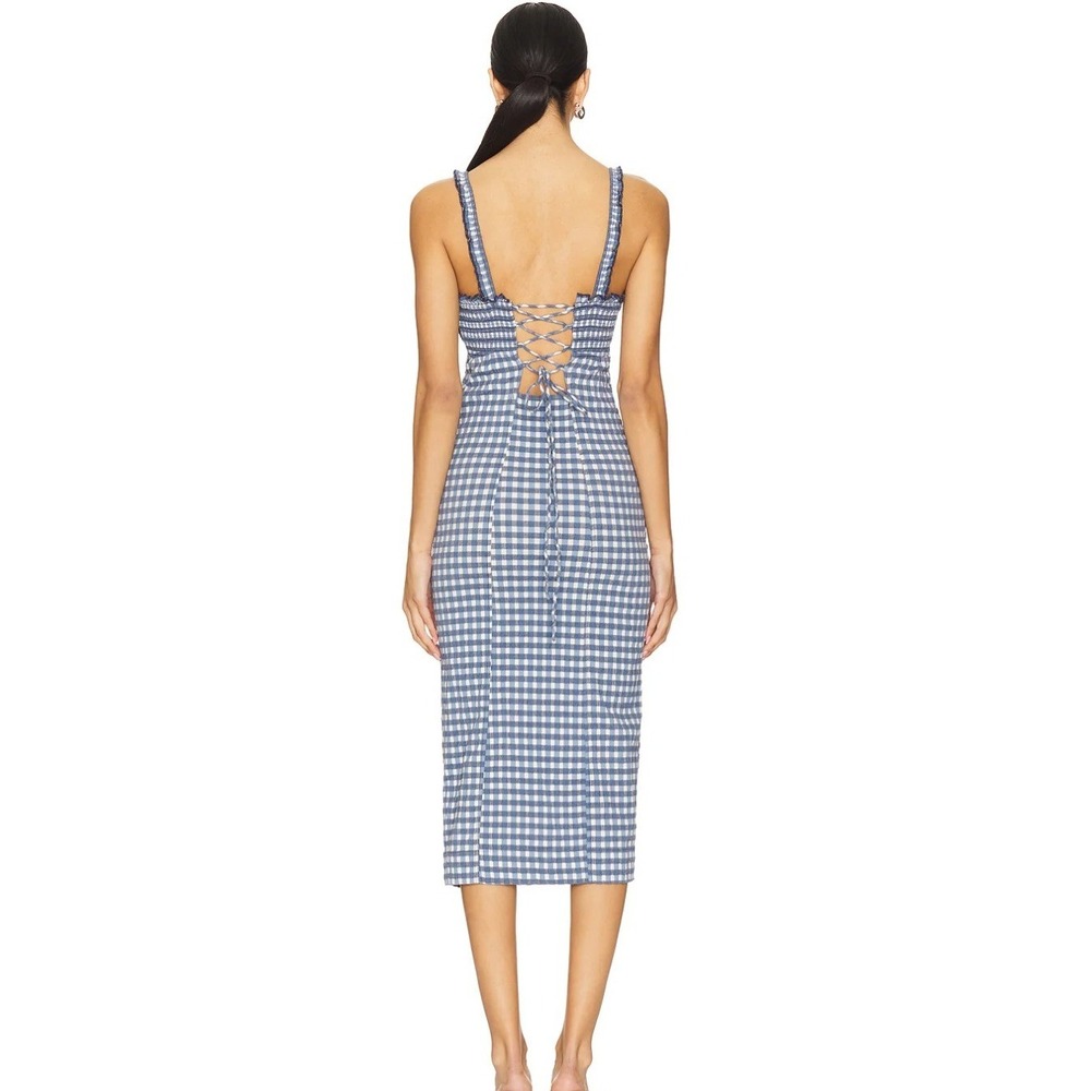 Free People Lucinda Gingham Corset Midi Dress M Blue White Smocked Cottage Boho - Picture 13 of 16